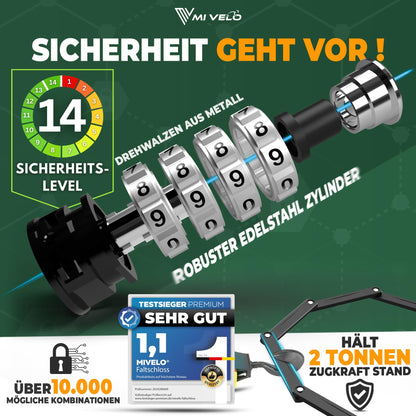 MIVELO Faltschloss Fahrradschloss mit Zahlencode 90 cm inkl. Halterung