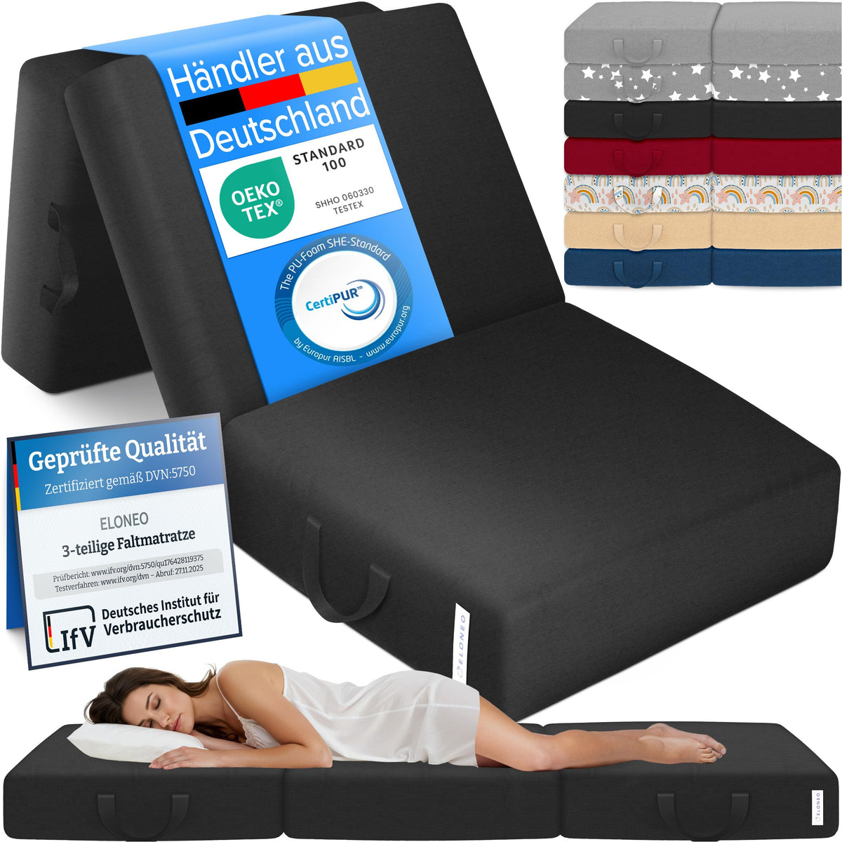 ELONEO Klappmatratze 90 x 200 cm, faltbare Gästematratze, schwarz, als Gästebett und Bandscheibenwürfel