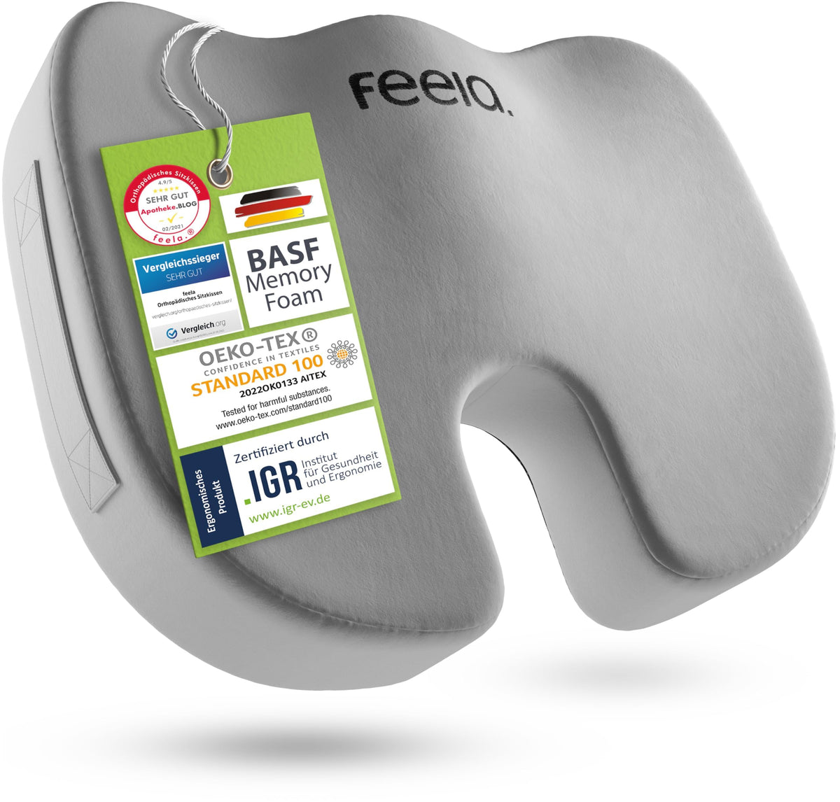 feela Orthopädisches Sitzkissen Medium, ergonomischer Memoryschaum in U-Form für Bürostuhl und Auto