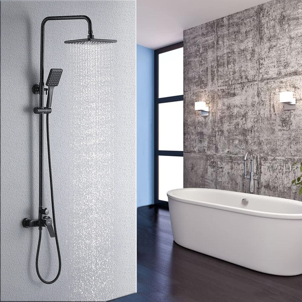 Auralum Duscharmatur Komplettset Schwarz – Höhenverstellbar. Schwarze Thermostat-Duscharmatur mit Regen- und Handbrause sowie verstellbarer Brausestange für die Dusche.