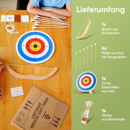 BOWRILLA Pfeil und Bogen Set für Kinder, Holz, mit 6 Saugnapf-Pfeilen