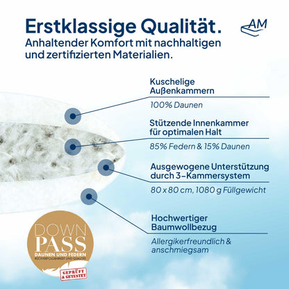 DormiGood Daunenkissen 3-Kammer Kopfkissen - 80x80 cm