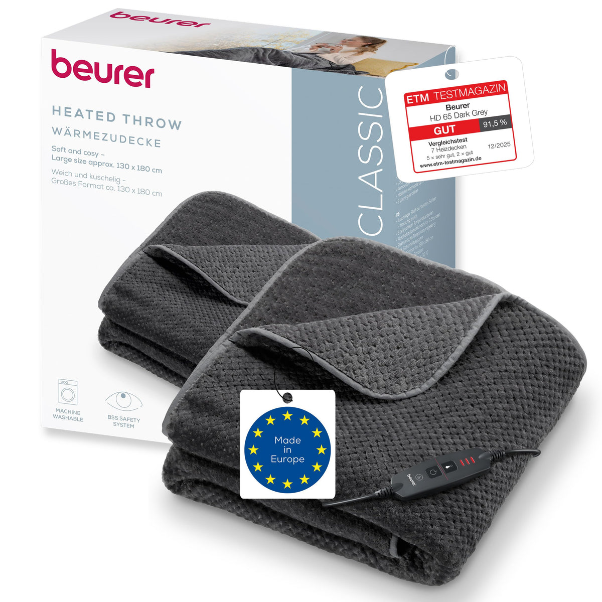 Beurer HD 65 Heizdecke, 3 Temperaturstufen, Abschaltautomatik, grau