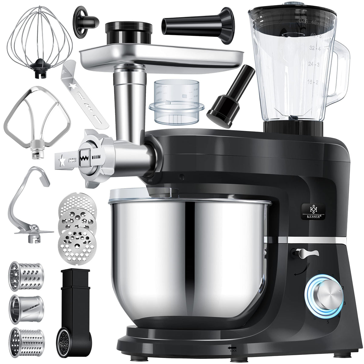 KESSER K-KM 3000 3-in-1 Küchenmaschine Fleischwolf 5.5L. Maschine mit Rührschüssel und Planetenrührwerk zum Kneten und Mahlen.