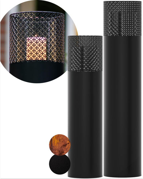 BENTSON Windlichtsäule Design I Schwarz – 2er Set 95+75cm: Zwei schwarze Metallsäulen für Kerzen, schützt Flammen dekorativ.