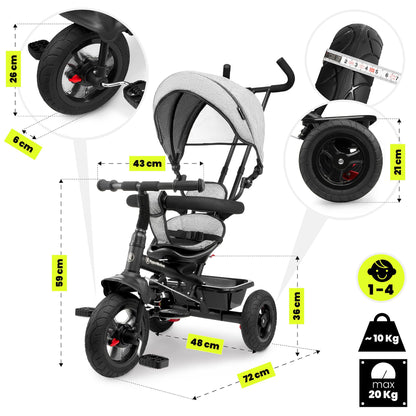 HyperMotion Dreirad mit Schubstange, 3-in-1 Kinderfahrzeug, Grau