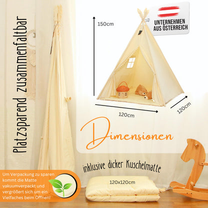 LIONHERZ® Tipi Zelt Kinder Stabil – Baumwolle Cremeweiss