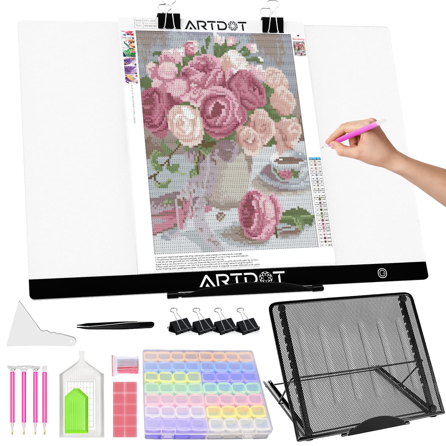 ARTDOT Leuchttisch A2 für Diamond Painting – Dimmbar mit Ständer. Flache Platte mit Ständer. Beleuchtet Symbole fürs Diamond Painting.