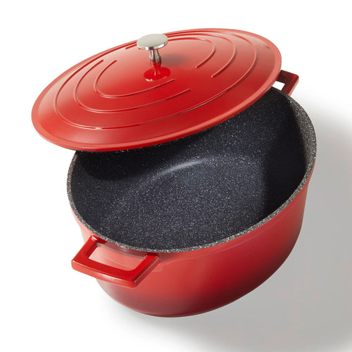 STONELINE Cocotte Bräter Aluguss Beschichtet 32cm 6,6L Induktion Rot. Roter Aluguss Bräter. Zum Schmoren und Braten auf Induktionskochfeldern.