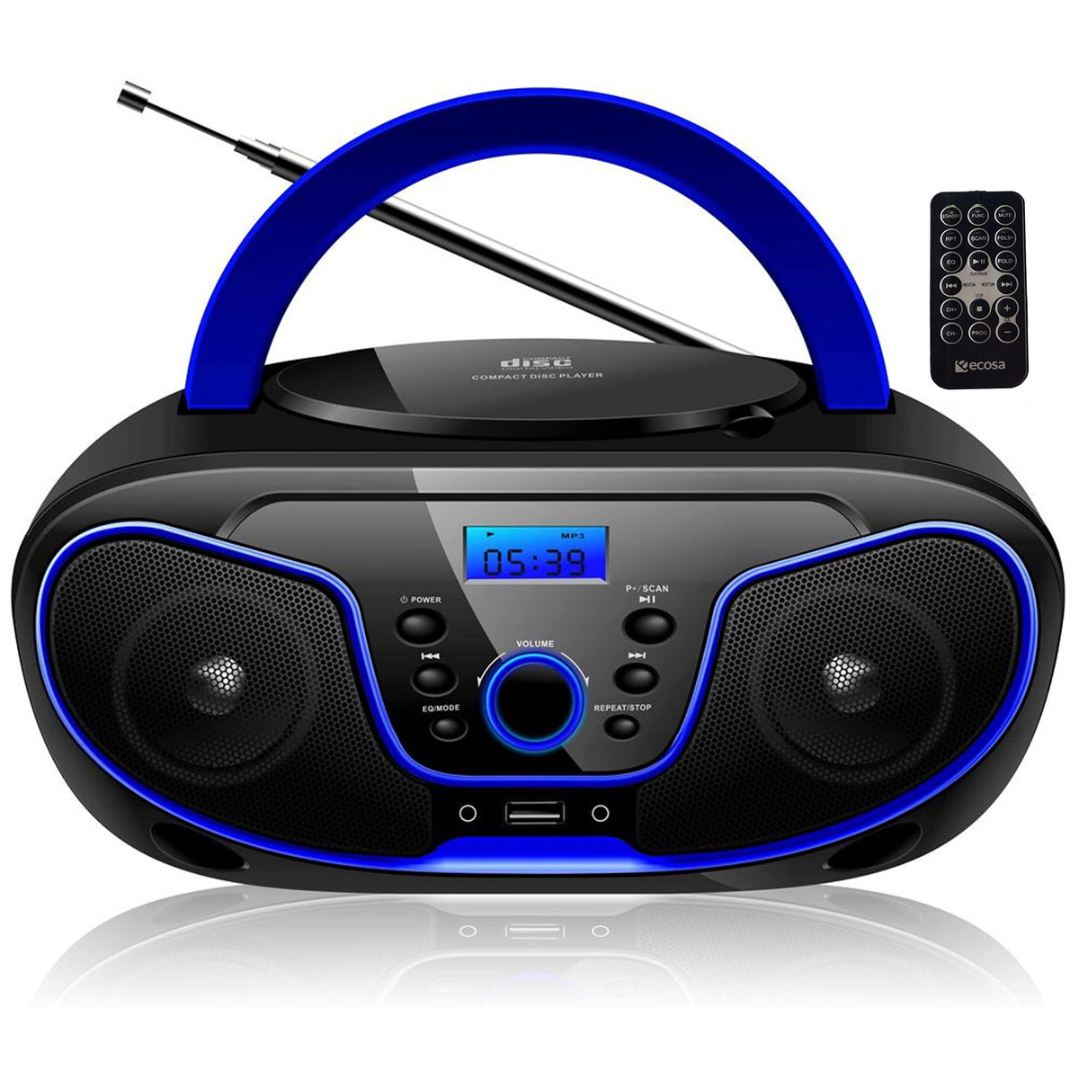 ecosa Tragbarer CD-Player Boombox mit UKW-Radio und USB, dunkelblau, mit Tragegriff und Teleskopantenne