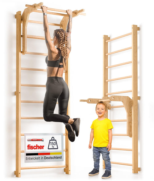 gurkler Sprossenwand mit Klimmzugstange und Dip Extension aus Buche und Kiefer