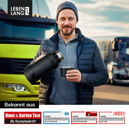 LEBENLANG Thermosflasche 1,5 Liter Edelstahl mit Becher und Teesieb