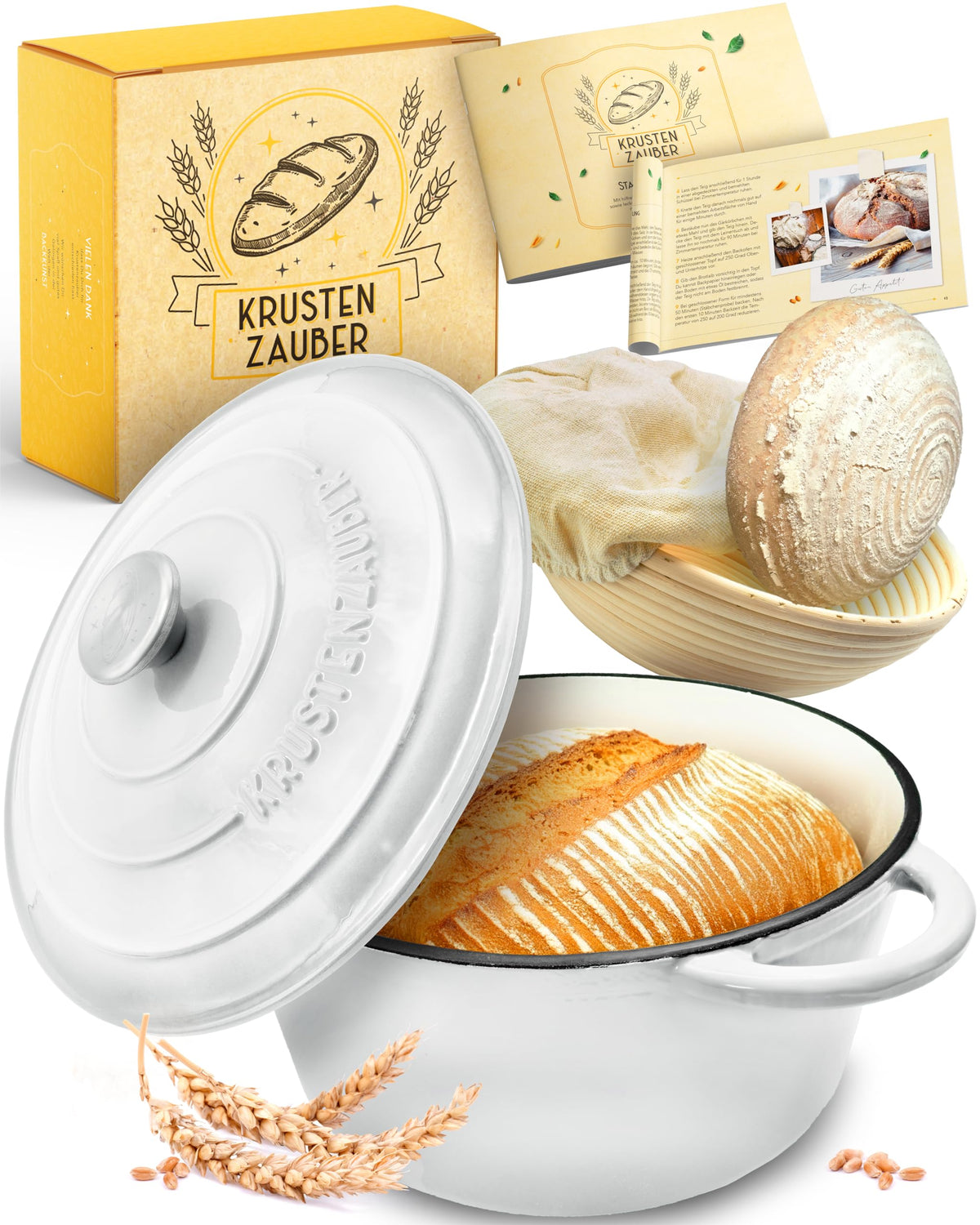 KRUSTENZAUBER Brotbacktopf Gusseisen emailliert 26 cm mit Gärkorb – Topf mit Deckel und Korb aus Rattan