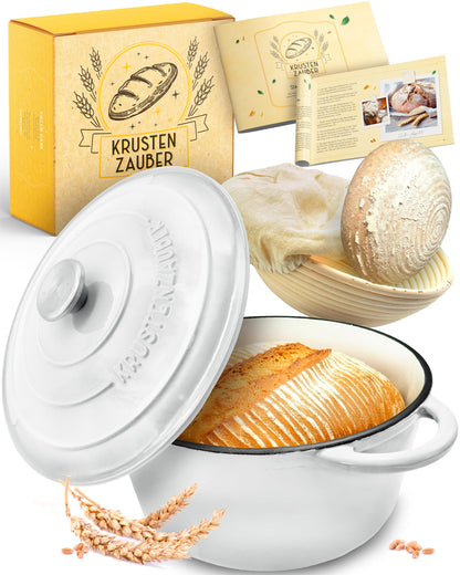 KRUSTENZAUBER Brotbacktopf Gusseisen emailliert 26 cm mit Gärkorb – Topf mit Deckel und Korb aus Rattan