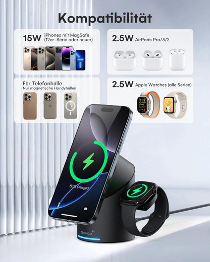 ZEEHOO 3-in-1 Wireless Ladestation Apple MagSafe QI2 15W