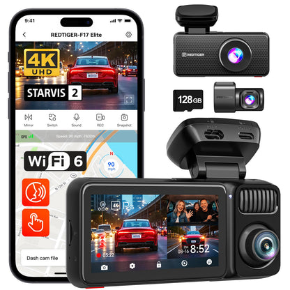 REDTIGER F17 Elite 4K 3 Kanal Dashcam Auto – STARVIS 2. Schwarzes, kompaktes Gerät zur 4K-Fahrtvideo-Aufzeichnung und Fahrzeugüberwachung.