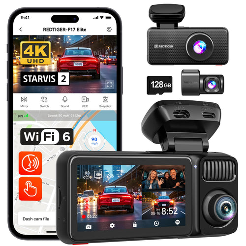 REDTIGER F17 Elite 4K 3 Kanal Dashcam Auto – STARVIS 2. Schwarzes, kompaktes Gerät zur 4K-Fahrtvideo-Aufzeichnung und Fahrzeugüberwachung.