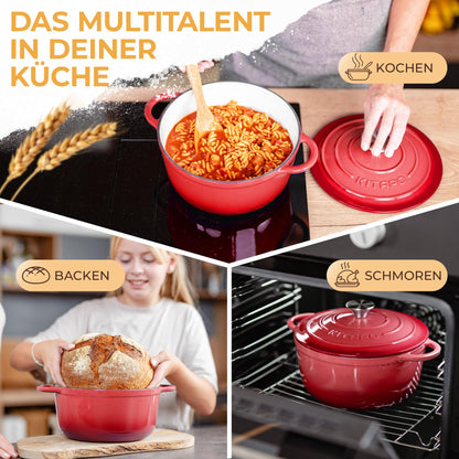 KITAPO emaillierter Gusseisentopf 24 cm mit Gärkorb und Teigtuch, Rot