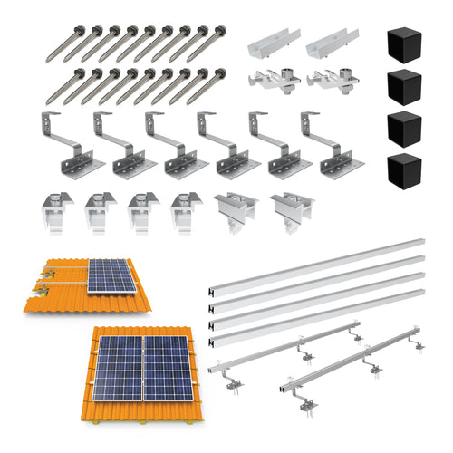 SAVOLAR Solarmodul Montageset Ziegeldach – für 2 Paneele Edelstahl: Haken, Schienen, Klemmen für 2 Module auf Ziegeldach.