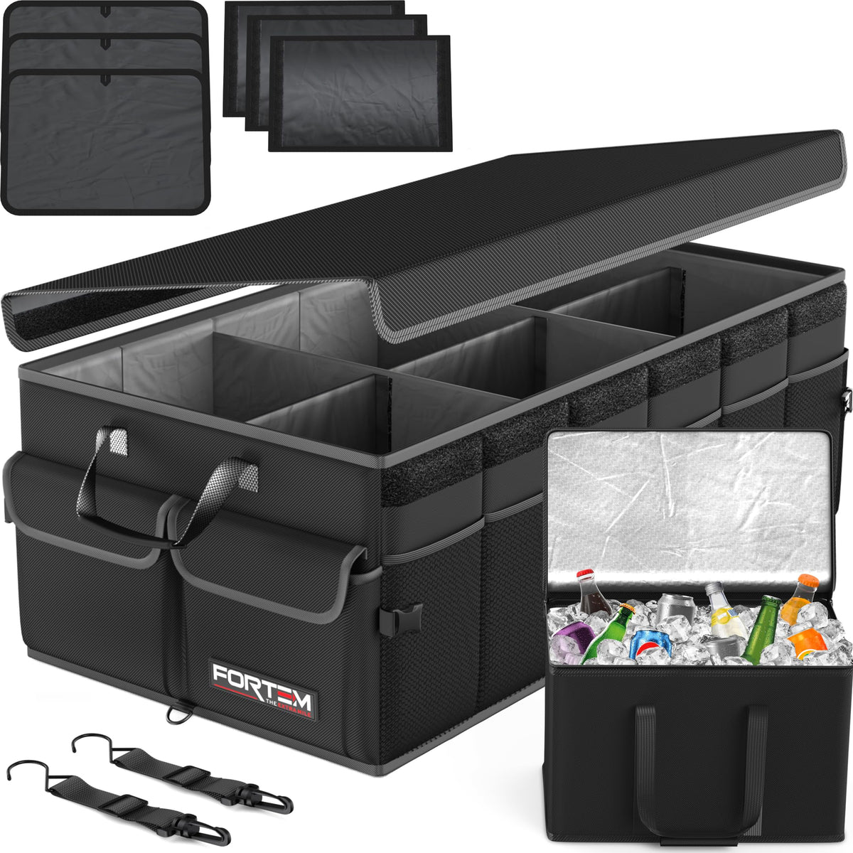 FORTEM Kofferraum-Organizer Auto, faltbar, mit Deckel, 105 L – Auto-Organizer mit bis zu drei Fächern