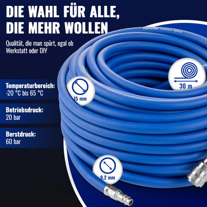 Poppstar Druckluftschlauch 30 m Hybrid-PVC mit Schnellkupplung, blau