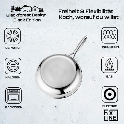 FIXLINE® Black Forest Bratpfanne 28cm - kratzfeste Antihaftbeschichtung ohne PFAS- hoher Rand 6,5cm - alle Herdarten inkl. Induktion - Backofen geeignet bis 230°C - Perfekte Geschenkidee