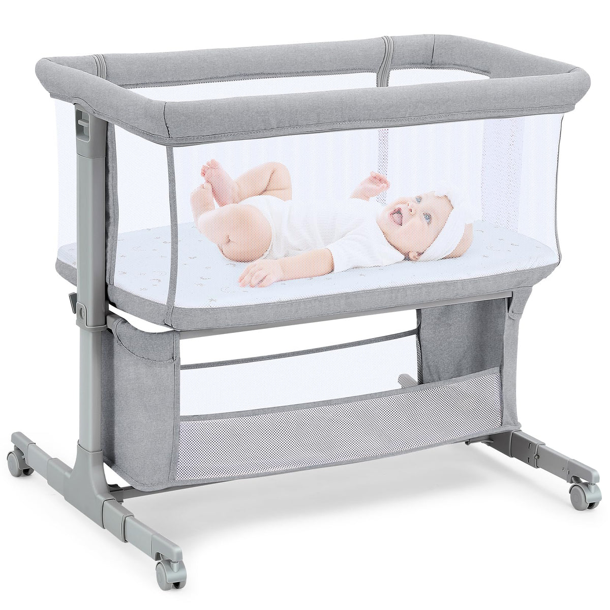 Growaystory Beistellbett Baby Zustellbett mobil, hellgrau. Atmungsaktives Netz, Rollen, Höhenverstellung; für Säuglinge sicher am Elternbett.