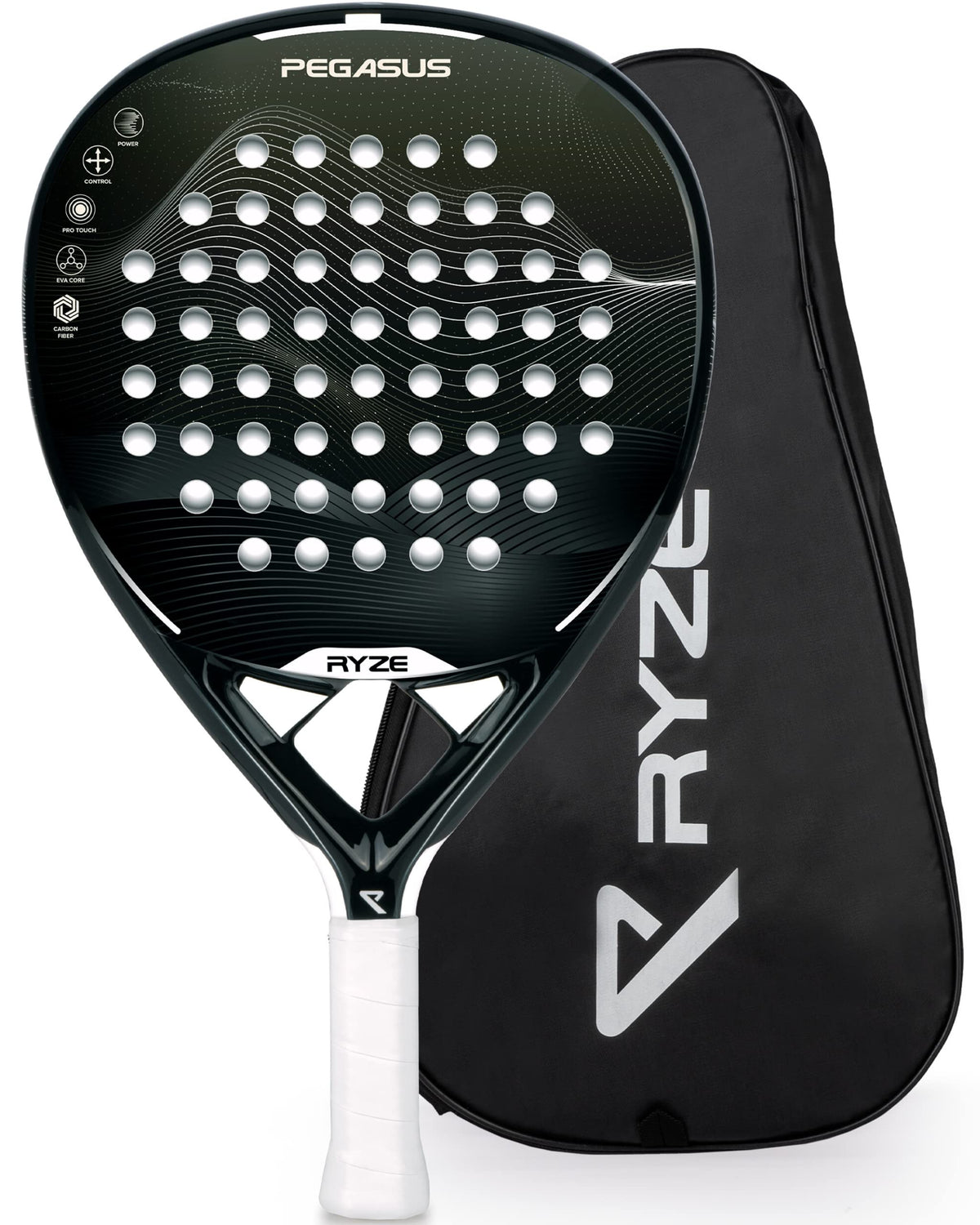RYZE Pegasus Padel Schläger, Carbon-Schwarz, tropfenförmig. Bietet Power und Kontrolle für präzises Padelspiel.