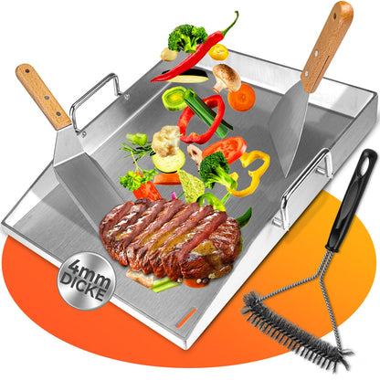 Plancha Grillplatte Set - Edelstahl 30x40cm Gas-/Kohlegrill. Rechteckige, silberne Edelstahlplatte zum Braten auf Gas- oder Kohlegrills.