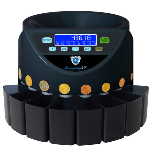 Securina24 SR1200LC Münzzähler/-sortierer - Schwarz. Schwarzes Gerät mit Einwurfschacht für Euro-Münzen zum Zählen und Sortieren.