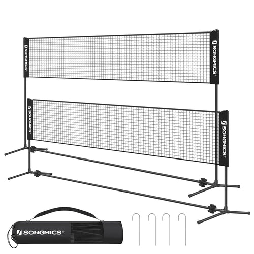 SONGMICS Badmintonnetz, Volleyballnetz, 5 m, höhenverstellbar – schwarzes Netz mit Stangen für Garten und Strand