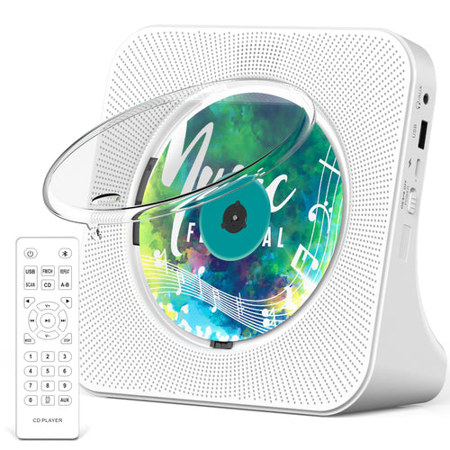 Greadio CD-Player tragbar mit Bluetooth, FM-Radio und Fernbedienung, weiss, transparente Staubschutzhülle