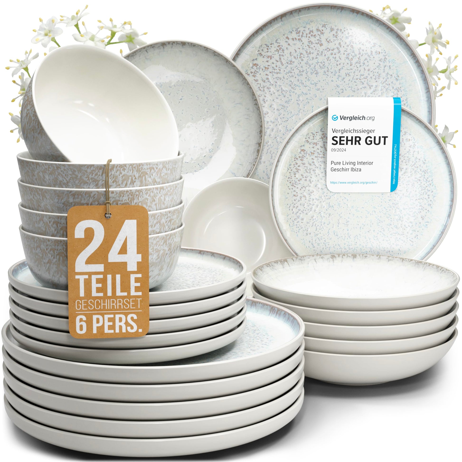 Pure Living Ibiza Steingut Geschirrset 24 tlg. - Beige. Beiges Steingut-Geschirr zum Servieren und Genießen von Mahlzeiten.