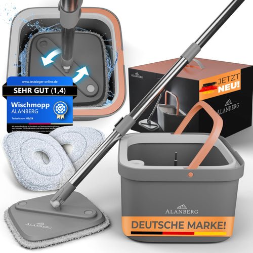 ALANBERG® Wischmopp Set mit Eimer 2-Kammer System – Grau. Graues Set zum Nasswischen von Böden; Eimer trennt Schmutz- und Frischwasser.