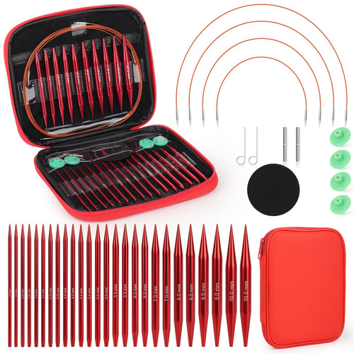 Coopay Rundstricknadeln Set, austauschbar, Aluminium, 3,0-10,0 mm mit roten Nadelspitzen und Aufbewahrungsbox