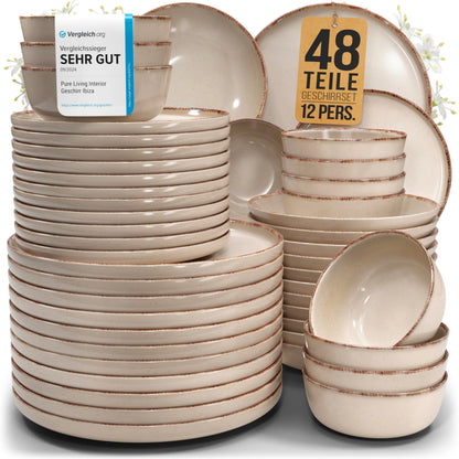 Pure Living Rustic Steingut Geschirrset - 12 Pers. 48 tlg. Beige. Rustikales, beiges Steingut-Set zum Servieren von Mahlzeiten.