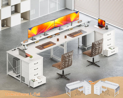 ODK Eckschreibtisch L-Form 140x80cm - Schubladen, USB, Weiss