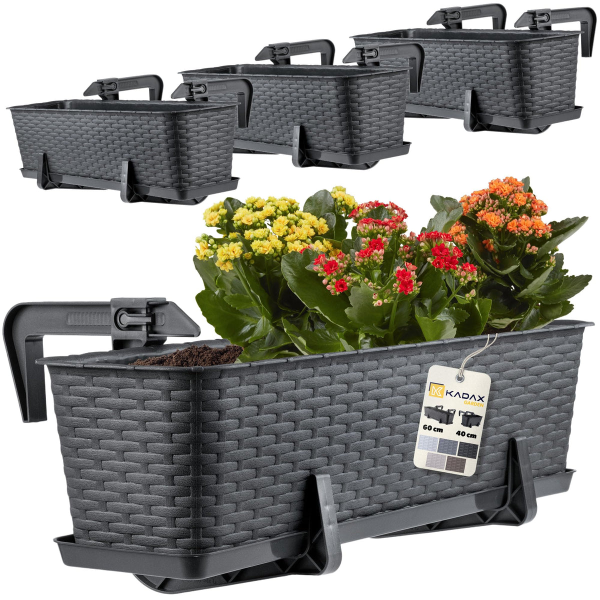 KADAX Blumenkasten 60 cm 4er Set Balkonkasten Kunststoff Anthrazit im Rattan-Stil