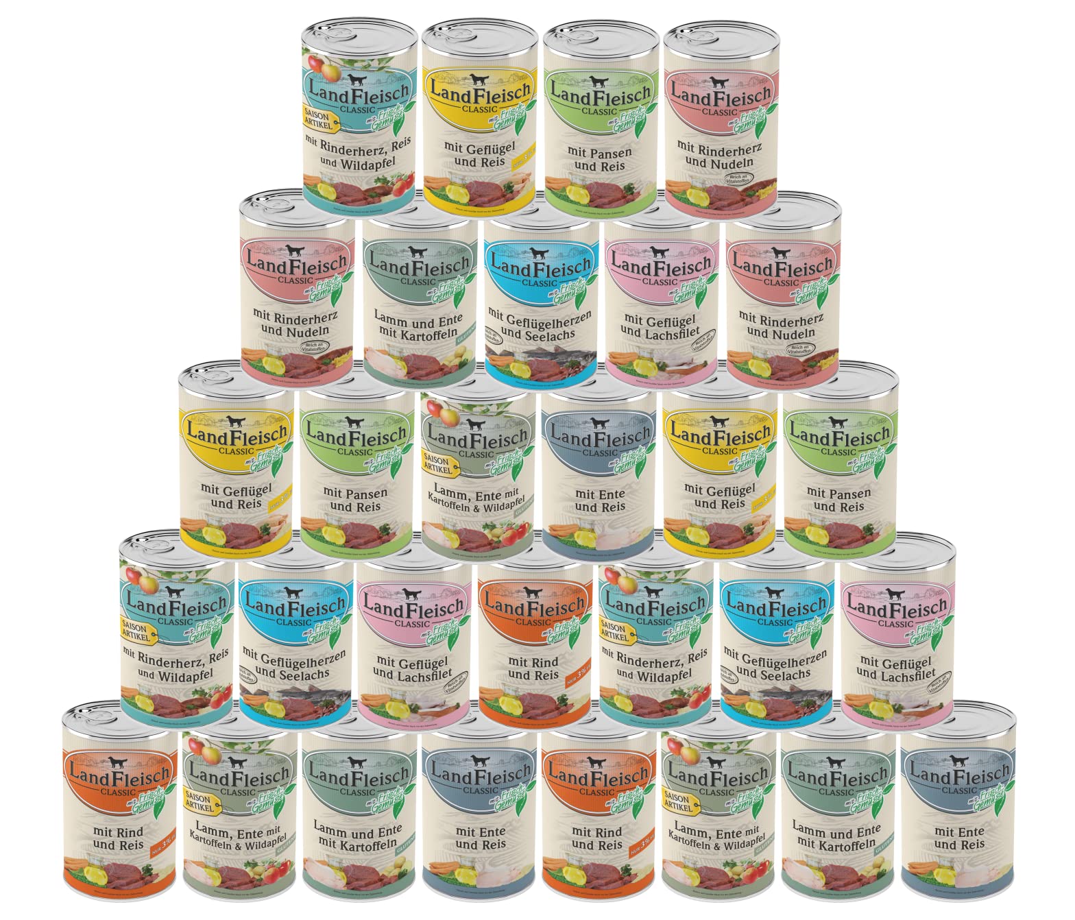 Landfleisch Classic Hundenassfutter – 30x400g 10-Sorten Mix. Sorten-Mix in Dosen. Als Alleinfuttermittel für Hunde.