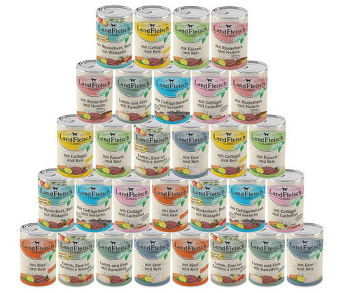 Landfleisch Classic Hundenassfutter – 30x400g 10-Sorten Mix. Sorten-Mix in Dosen. Als Alleinfuttermittel für Hunde.