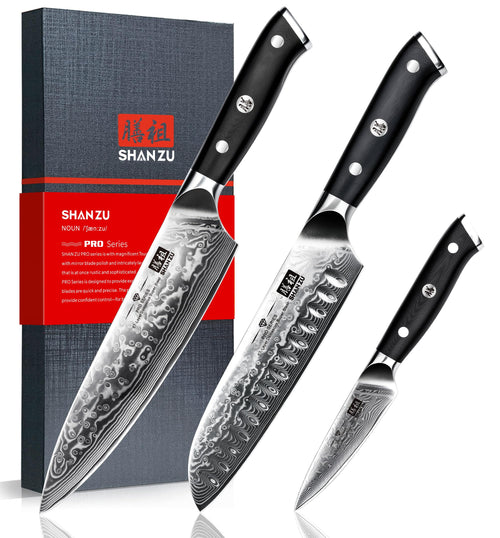 SHAN ZU Damast Küchenmesser Set 3-tlg. Japan Superstahl G10. Drei Damastmesser mit schwarzen G10-Griffen zum präzisen Zerteilen von Speisen.