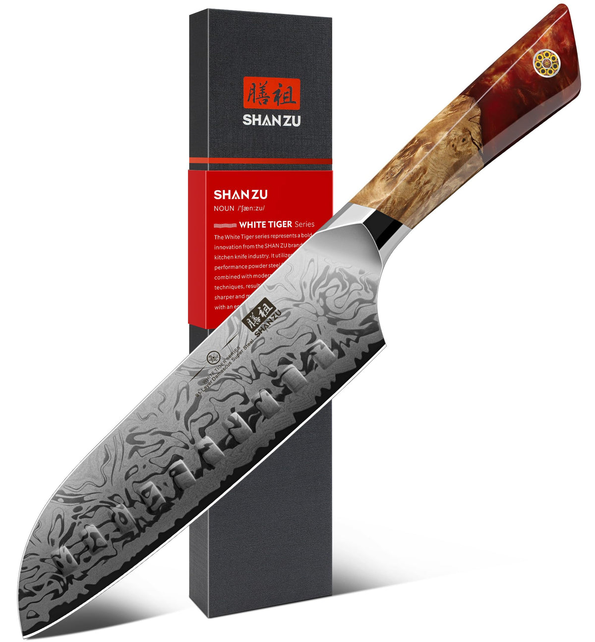 SHAN ZU WHITE TIGER Japanisches Damast Santokumesser - 18cm SG2. Damastklinge für präzises Schneiden von Gemüse, Fleisch, Fisch.