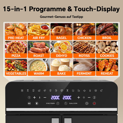 Emphsism AFTO Heissluftfritteuse 23L XXL Dual Zone mit 15 Programmen