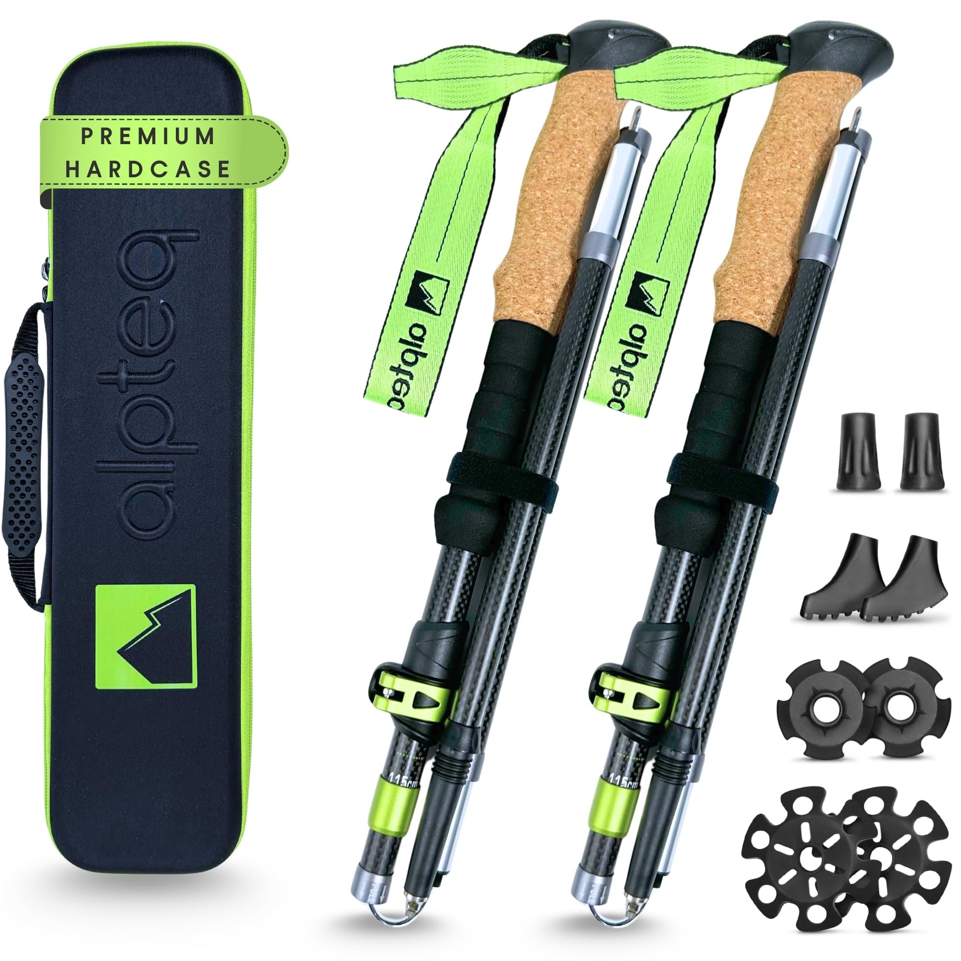 Alpteq Wanderstöcke faltbar Carbon 115-135 cm - Lime Green. Grün-schwarze Carbon-Teleskopstöcke bieten Stabilität beim Trekking.