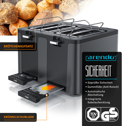 Arendo MANANA X2 Toaster 4 Scheiben Edelstahl mit Brötchenaufsatz