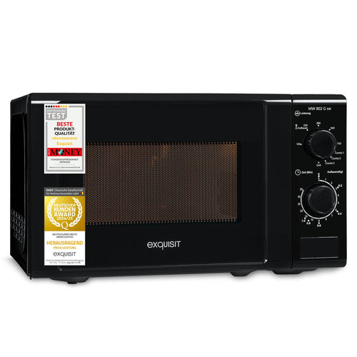 Exquisit MW 802G Mikrowelle mit Grillfunktion 20L – Schwarz. Rechteckige, schwarze Mikrowelle zum Erwärmen und Grillen von Speisen.