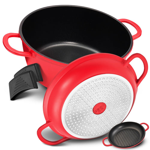 TLESS® 2in1 Aluguss Bräter mit Deckel – Ø 28 cm, 6L, Rot. Roter runder Aluguss Bräter zum Braten und Garen von Speisen.