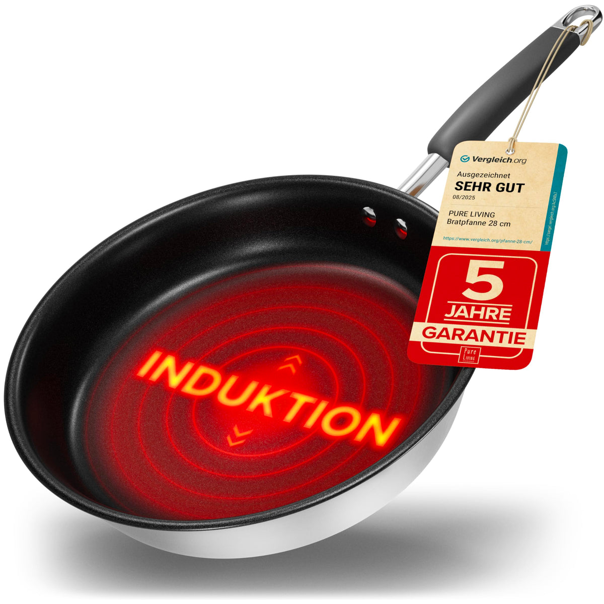 PURE LIVING Bratpfanne 28 cm Edelstahl antihaftbeschichtet Induktion, flache Griffe mit rutschfester Silikonbeschichtung