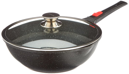 Kamberg Wok 30 cm Aluminiumguss mit Glasdeckel und abnehmbarem Griff in Schwarz