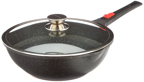Kamberg Wok 30 cm Aluminiumguss mit Glasdeckel und abnehmbarem Griff in Schwarz